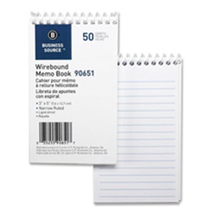 BUSINESS SOURCE Wirebound Memo Book&#44;End Opening&#44;Wire&#44;3 in. x 5 in.&#44;50Shts&#44;White BU463875